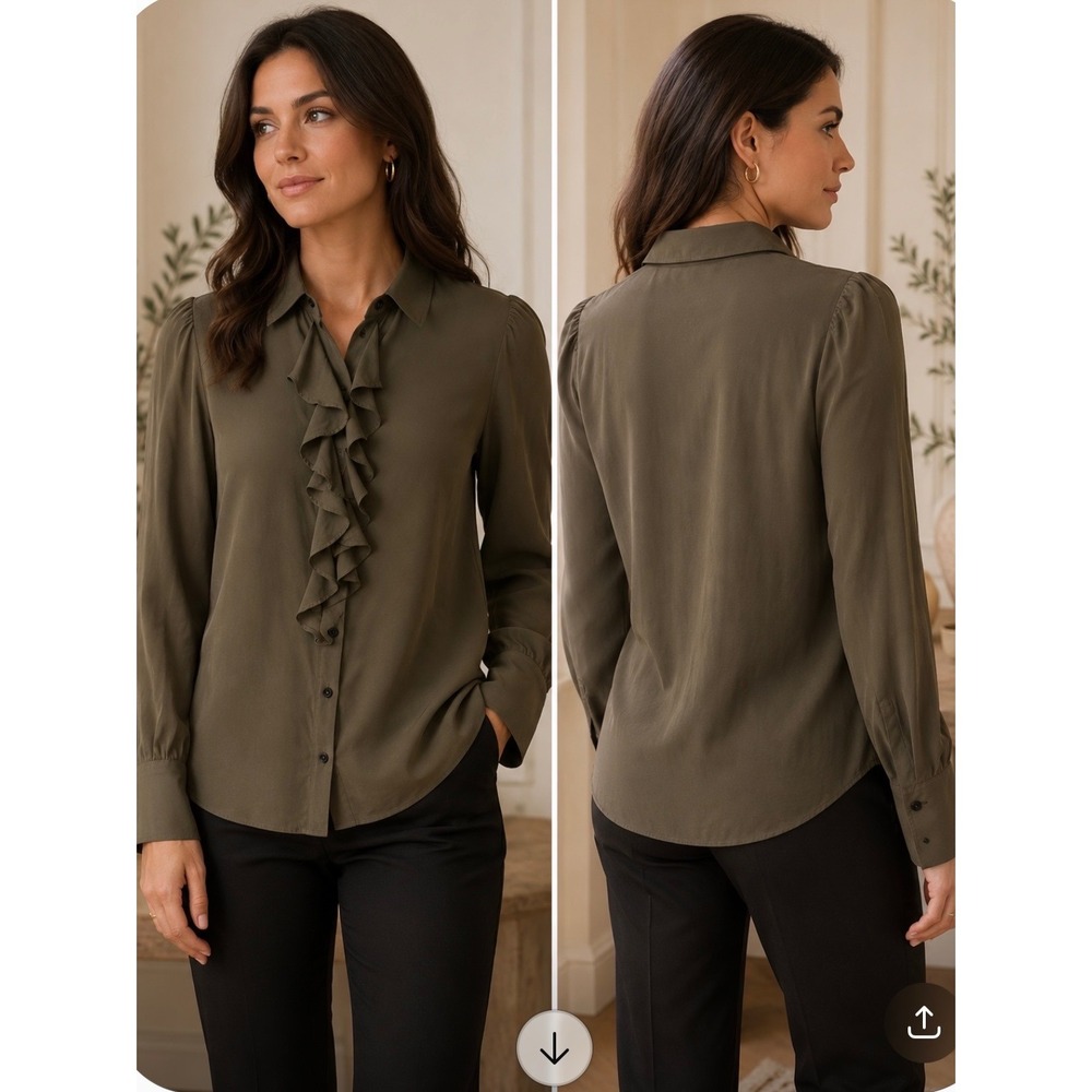 Lauren Ralph Lauren Silk Ruffle Blouse Olive Green Long Sleeve Top Size 12